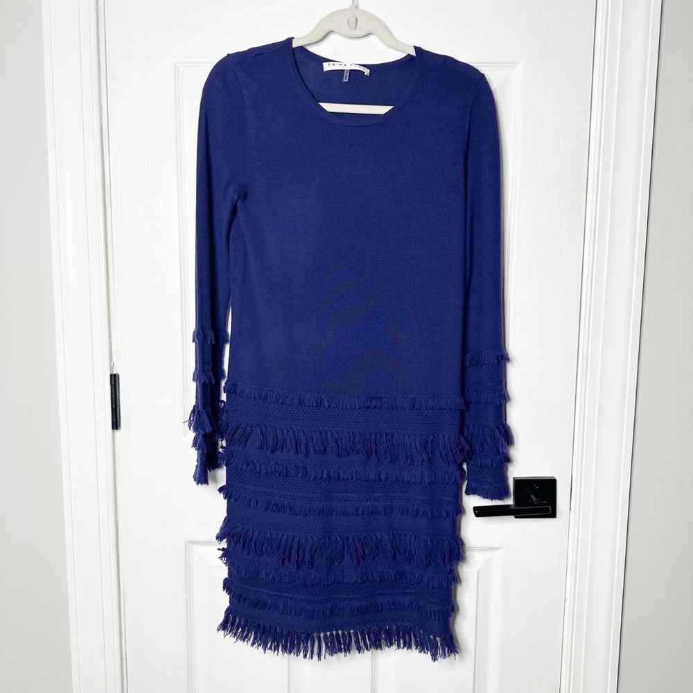 Trina Turk Fringe Merino Wool Sweater Dress Size Small Long Sleeve Knit Winter